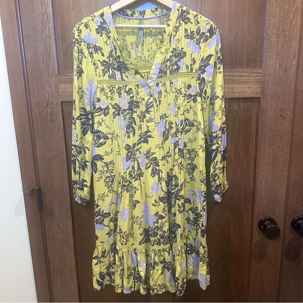 Anthropologie Floral Midi Dress in Green with Navy & Purple Accents